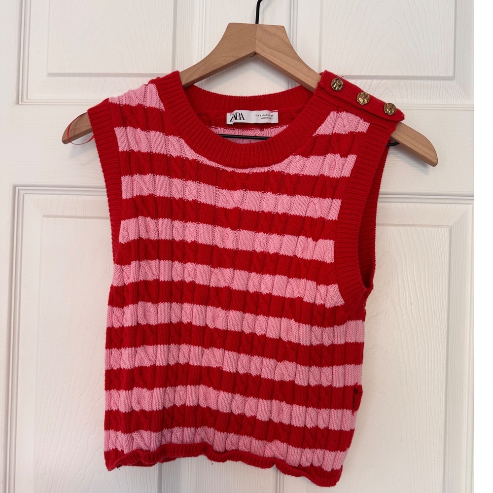 Zara Sweater Vest Womens S Red Pink Knit Striped Gold Button Preppy Coastal Fair